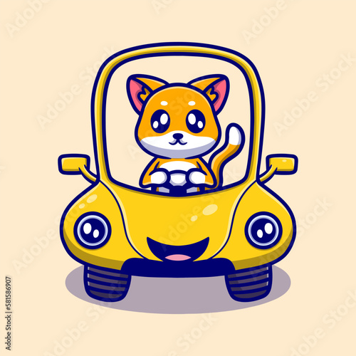 Cute dog rid car cartoon icon illustration. funny sticker for your business