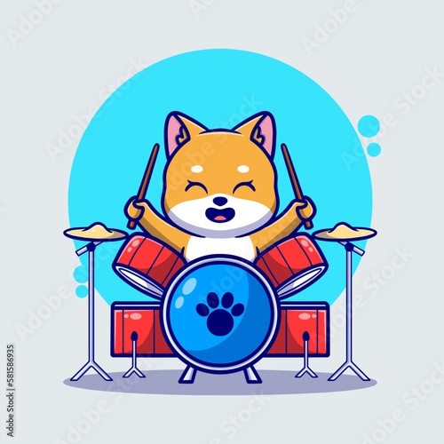 Cute dog playing drum cartoon icon illustration. funny character for stickers and business
