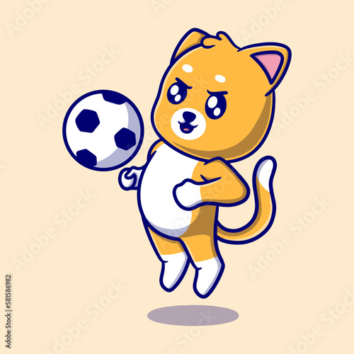 Cute cat playing football cartoon icon illustration. funny character for stickers and business