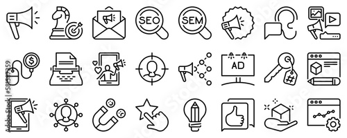 Line icons about marketing on transparent background with editable stroke.