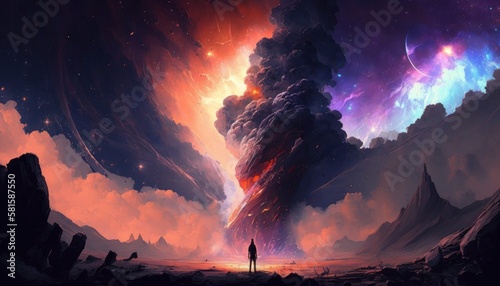 A fantastical landscape with clouds, planets, and nebulas. Generative AI. 