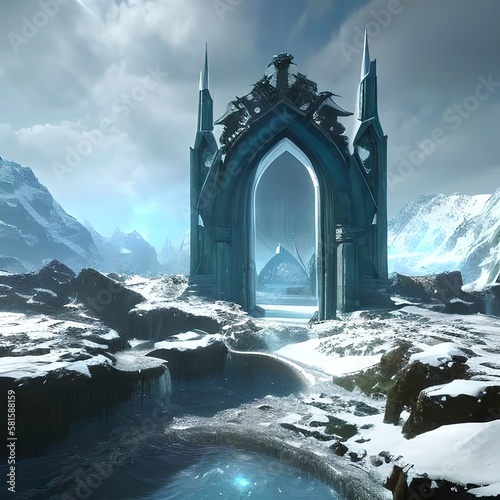 Portal in a frozen fantasy landscape over a river photo