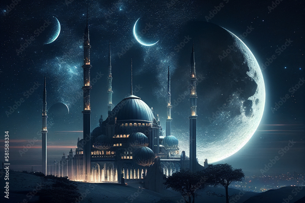 Extraterrestrial Mosque. Future conceptual Astrophotography. AI generated illustration