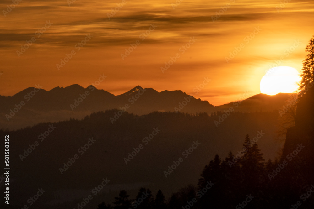 February evening in Pieniny - Sokolica. The setting sun on the background of the Tatra Mountains