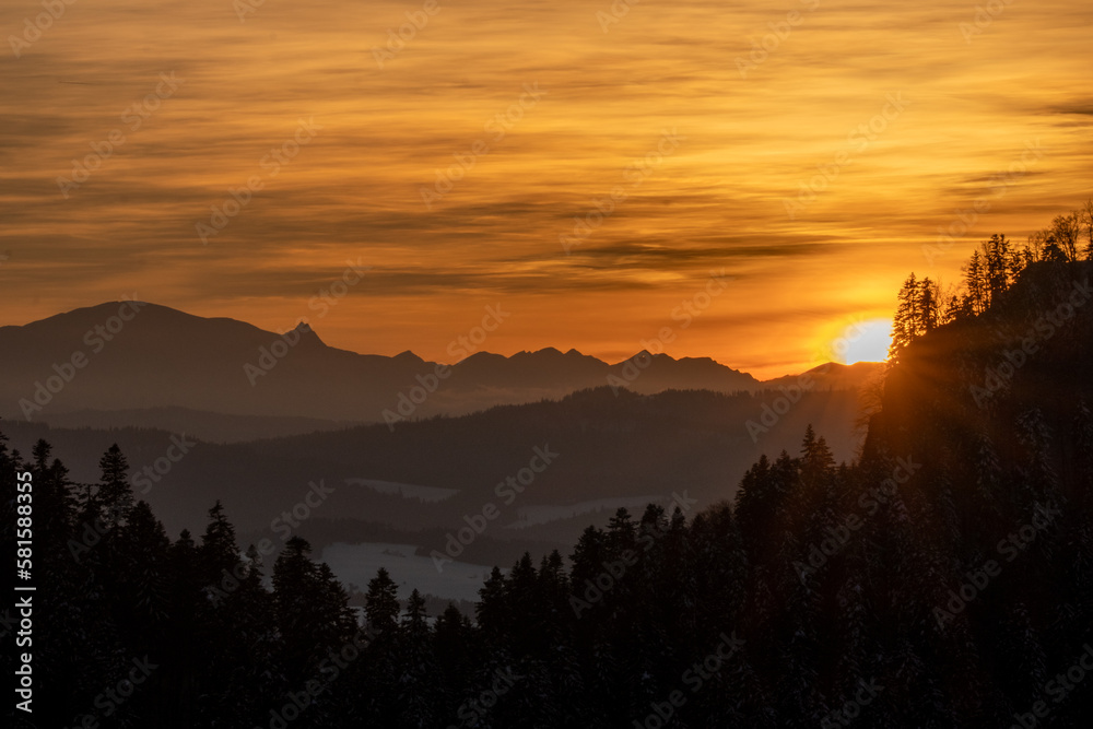 February evening in Pieniny - Sokolica. The setting sun on the background of the Tatra Mountains