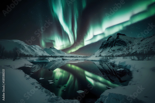 The Northern Lights (Aurora Borealis) Illuminating a Lake In a Snowy Landscape with Mountains  (Generative AI) © Russell