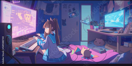 anime girl in her room playing