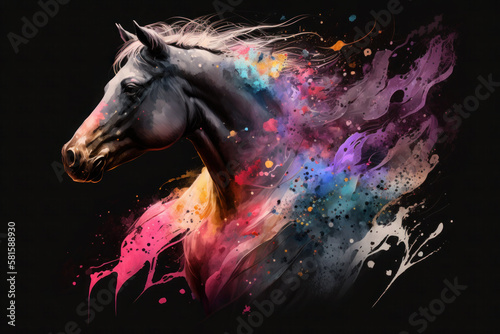 Horse. Abstract, neon portrait of a horse's head and splashed watercolors on a black background. ai generative