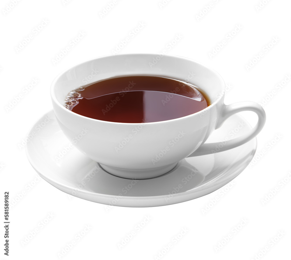 A white cup with strong fragrant tea on a saucer. A white cup with strong fragrant tea on a saucer.