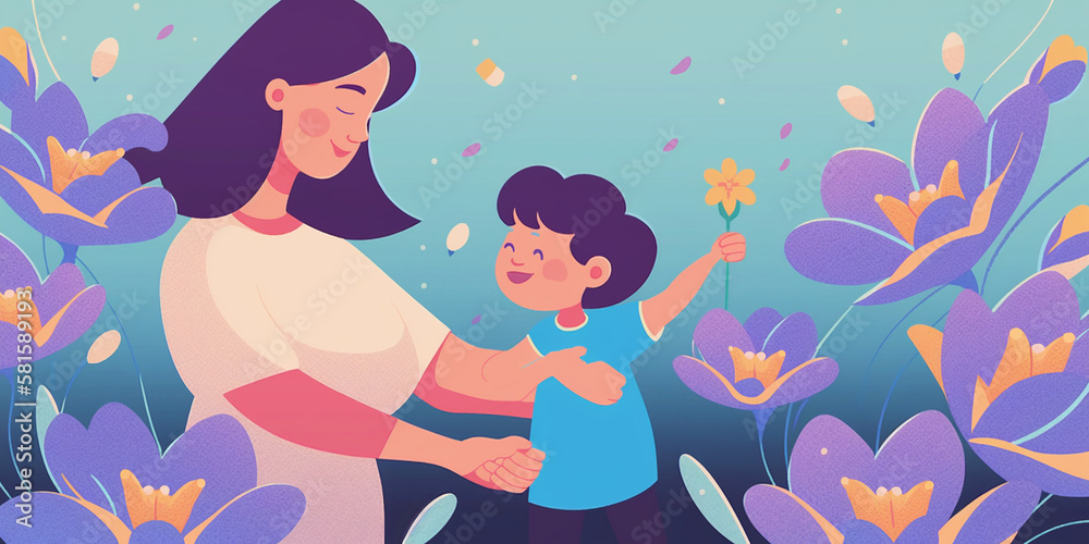 mother's day background with flowers, mother playing with her child in the flower field mother's day background with flowers, mother playing with her child in the flower field