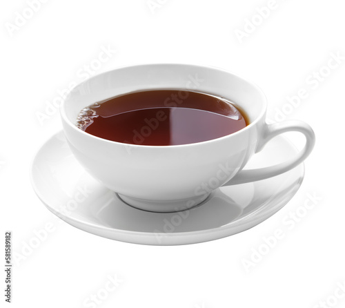 A white cup with strong fragrant tea on a saucer.