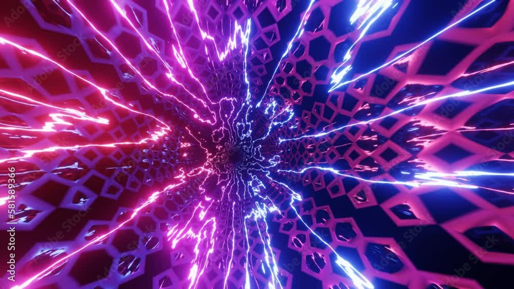Hi-tech neon sci-fi tunel. Trendy neon glow lines form pattern and construction in mirror tunnel. Curled glow lines. Fly through technology cyberspace. 3d looped seamless 4k bright youth background.