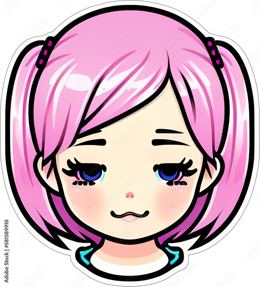 Sticker with a cartoon head of small girl with a hairstyle and a smile on his funny face, with a white frame around Sticker with a cartoon head of small girl with a hairstyle and a smile on his funny face, with a white frame around