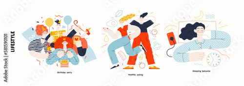 Lifestyle series - modern flat vector illustration of Birthday party, Healthy eating, Sleeping behaviour. People activities and behaviour methapors and hobbies concept