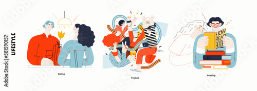 Lifestyle series - modern flat vector illustration of Dating, Musical festival, Reading books. People activities methapors and hobbies concept photo