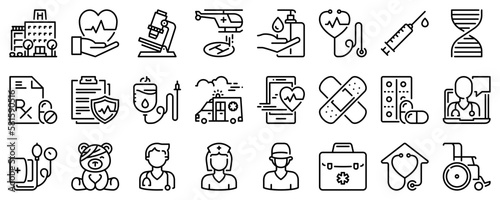 Line icons about medical care on transparent background with editable stroke.