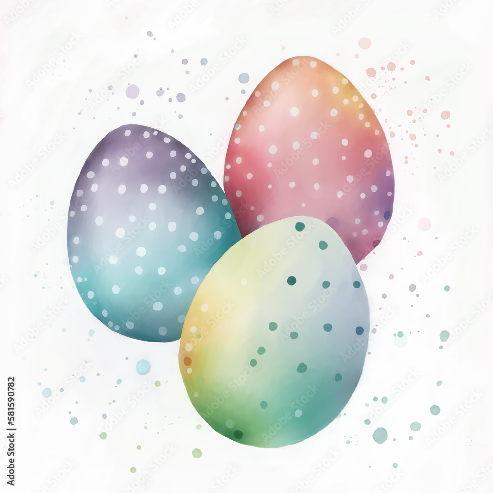 Three colorful easter eggs on white background. Digital watercolor painting over generative ai. Three colorful easter eggs on white background. Digital watercolor painting over generative ai.