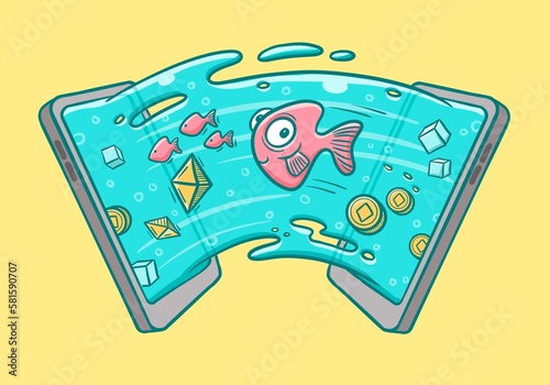 illustration of two mobile phones transferring browsing data, internet, metaverse, connection, water, fish, cryptocurrency, bitcoin, virtual currency, business.