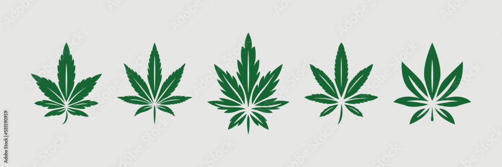Green Cannabis Leaves. Hemp, Cannabis Leaf Icon Set Closeup Isolated on White Background. Growing Medical Marijuana. Vector Illustration Green Cannabis Leaves. Hemp, Cannabis Leaf Icon Set Closeup Isolated on White Background. Growing Medical Marijuana. Vector Illustration