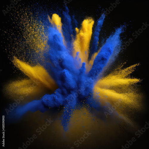 explosion of blue and yellow powders on a dark background. Post-processed generative AI