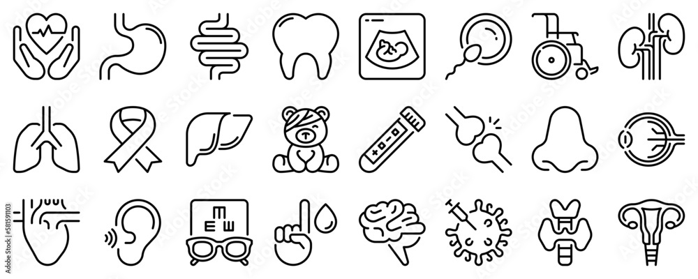 Line icons about medical specialties on transparent background with editable stroke. - obrazy, fototapety, plakaty 
