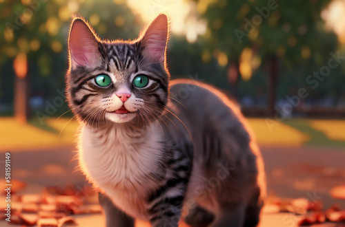 Cute cat on walk at sunset. Beautiful pussycat on street in park. Generative AI.