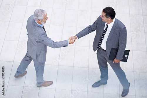 The start of a great working relationship. High angle shot of a two businessmen shaking hands.