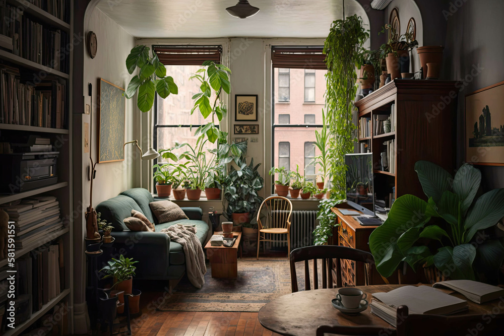 Fototapeta premium Interior of small busy New York style appartment full of plants