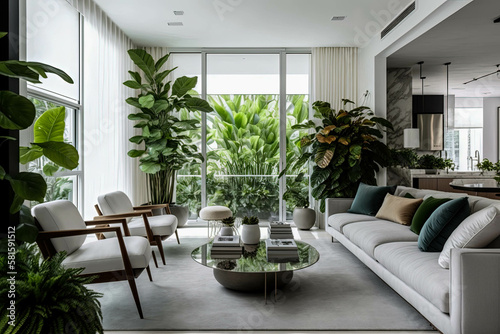 Living room with furniture and tropical greenery