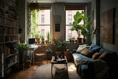 Interior of small busy New York style appartment full of plants © Zina Seletskaya