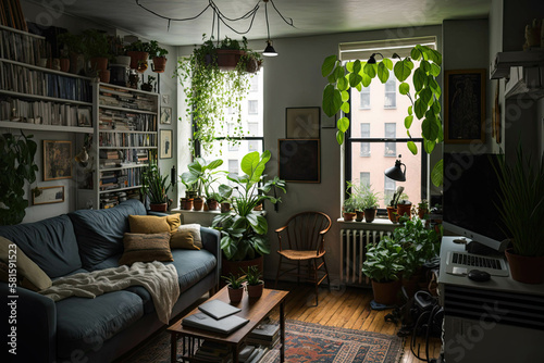 Interior of small busy New York style appartment full of plants