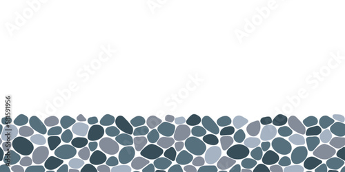 Pebble seamless backdrop vector illustration. Cobble stones border frame. Doodle sea stones repeated background. Paving, shingle beaches template pattern for interior designs, wrapping paper print.
