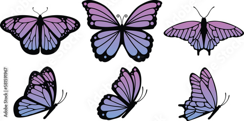 Butterfly set with blue and pink gradient wings vector illustration. Butterflies with folded and open wings.