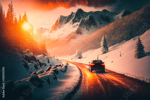 Sunrise on a clear winter morning, the car rides on the highways. Winter travel concept. Auto on a winter road in the mountain valley at sunrise. Generative AI.