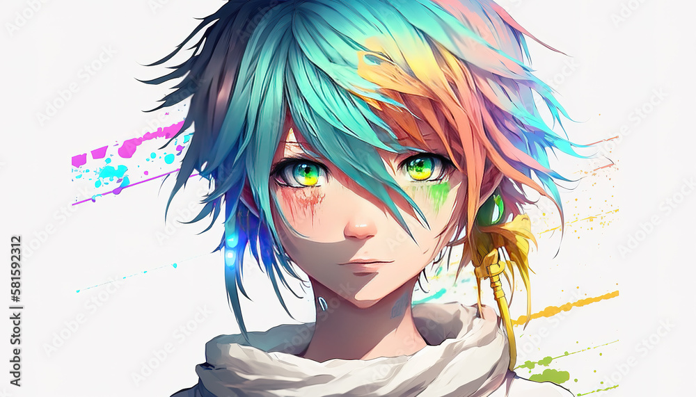 a wonderful and cute anime girl with short hair, colored style, banner  illustration, generative ai technology Stock Illustration