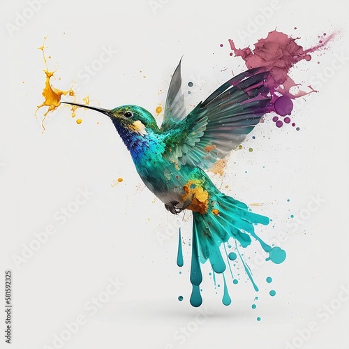 Hummingbird in splashes of paint. Bird on a light background. Generative AI.