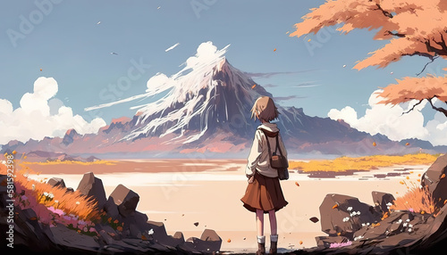 a young anime girl standing in front of a big mountain, wonderful and epic art, generative ai technology photo
