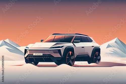 illustration of Electric SUV driving on the snow road, generative ai content by Midjourney
