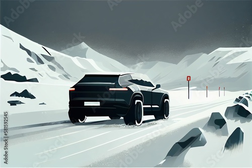 illustration of Electric SUV driving on the snow road, generative ai content by Midjourney photo