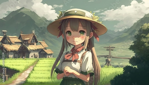 a cute and beautiful anime children in the east with a lot of mountains in the background, shy with a hat, generative ai technology photo