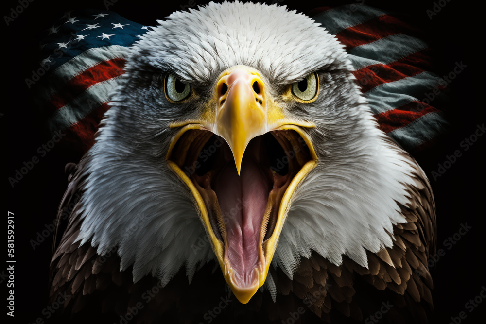 Fototapeta premium Eagle head with the american flag pattern on background. Patriotic banner background. Generative AI eagle portrait with flag on background.