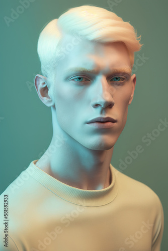 Purity. Portrait of beautiful albino man . Beauty, fashion, skincare, cosmetics concept. Inclusion and diversity. Generative ai
