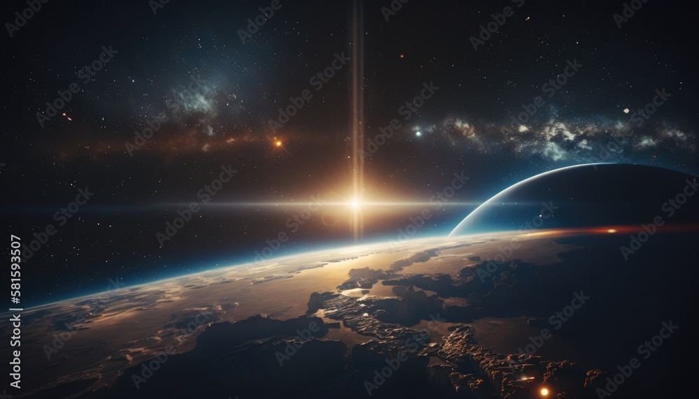 Milky Way view from space, big and bright stars, lens flare over the earth, AI banner
