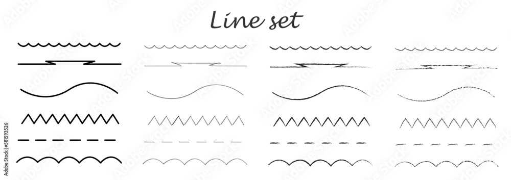 Set of artistic pen brushes.Doodles, ink brushes.Collection of strokes of markers. Set of different wavy horizontal lines Set of artistic pen brushes.Doodles, ink brushes.Collection of strokes of markers. Set of different wavy horizontal lines