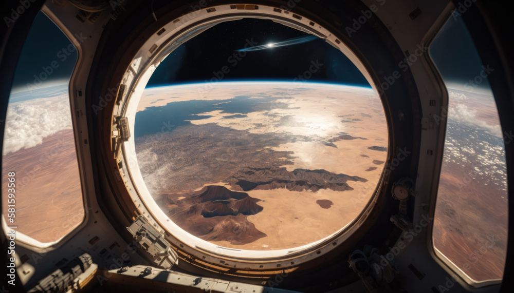 Future Space Travel: Amazing View of dry and apocalyptic Earth Through a High-Tech Satellite Window, AI