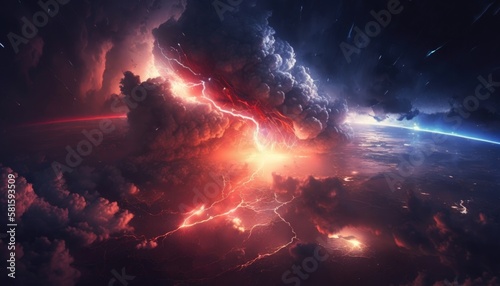 fire in the sky  big red storm view from space  cinematic and unreal lightning tempest  AI  