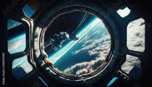Through the Window: Epic View of Earth from Futuristic Spacecraft, wallpaper, AI