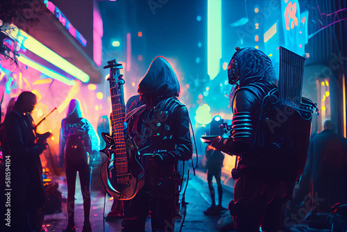 Music band having concert rehearsal on the street. Night street music concert with neon lights in cyberpunk style.