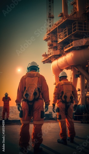 Offshore workers working at oil and gas production, made with generated ai