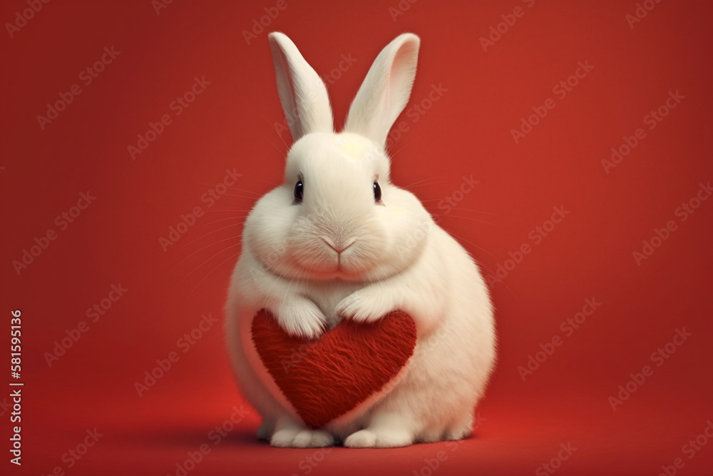 Naklejka premium Cute white bunny on a red background, holding a heart. Generate Ai